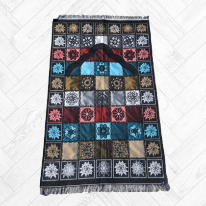 Tapis de Prière modèle Denizli style patchwork Noir et Bleu